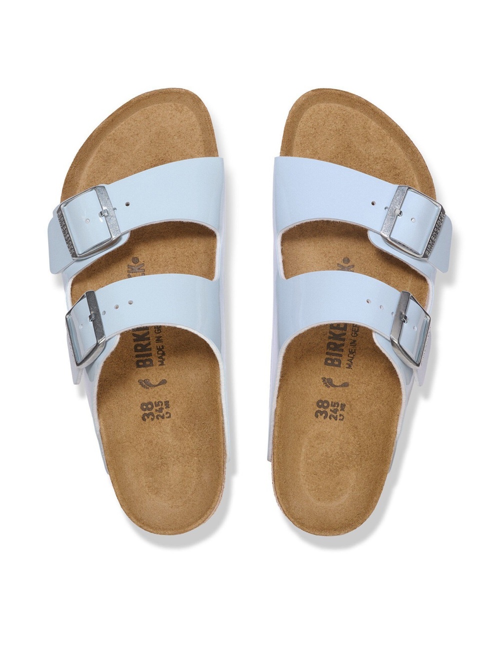 Birkenstock Women’s Arizona Two-Strap Patent Sandal — Light Blue